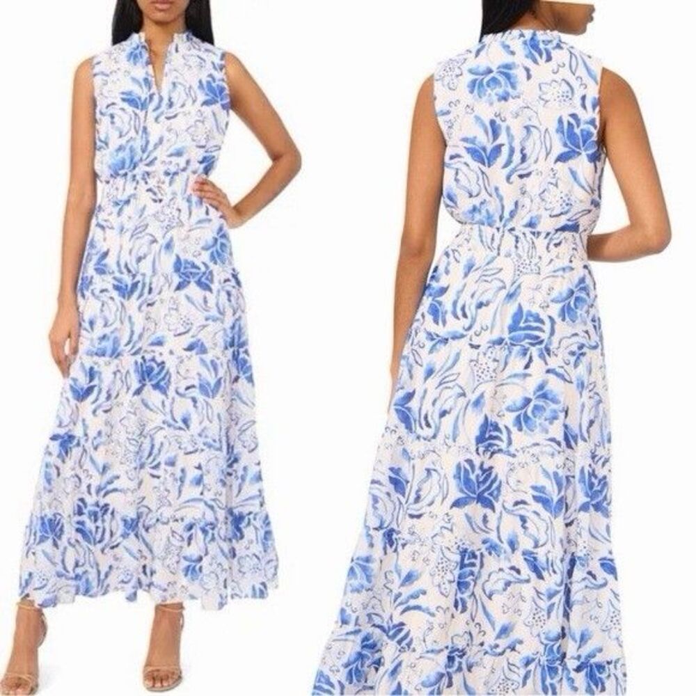 Cynthia Steffe Maxi Dress Size L Blue White Coastal Grecian Long Sleeveless